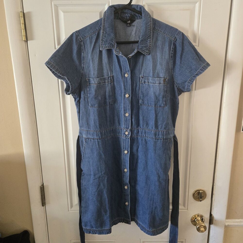 Frye Denim Shirt Dress Womens L Blue Cotton Button Tie Waist Western Belted